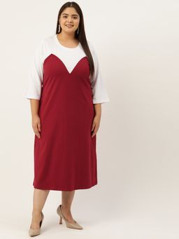 theRebelinme - Plus Size Womens Maroon & White Color Block Cotton Midi Dress