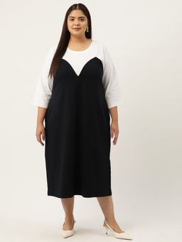 theRebelinme - Plus Size Womens Navy & White Color Block Cotton Midi Dress