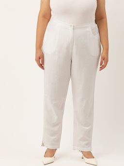 theRebelinme - Plus Size Womens White Solid Color Tapered Linen Trousers