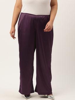 theRebelinme - Plus Size Womens Purple Solid Color High Rise Satin Trousers