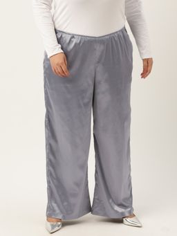 theRebelinme - Plus Size Womens Silver Solid Color High Rise Satin Trousers