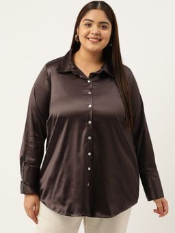 theRebelinme - Plus Size Womens Brown Solid Color Party Wear Satin Shirt