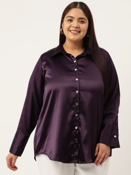 theRebelinme - Plus Size Womens Purple Solid Color Party Wear Satin Shirt