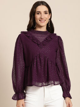 Marie Claire - Women Casual Purple High Neck Long Sleeves Self Design Regular Top