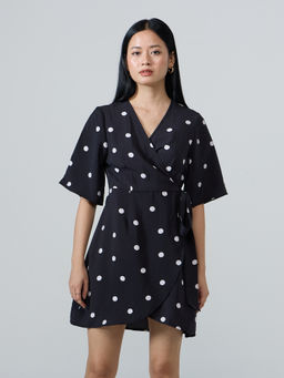 Twenty Dresses by Nykaa Fashion - Black Polka Dot V Neck Wrap Mini Dress