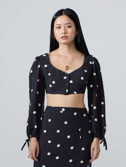 Twenty Dresses by Nykaa Fashion - Black Polka Dot Sweetheart Neck Puff Sleeves Crop Top