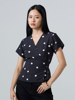 Twenty Dresses by Nykaa Fashion - Black Polka Dot V Neck Short Sleeves Wrap Top