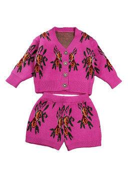 Little Surprise Box - Winterwear Magenta Flower Bunch Knitted Cardigan & Shorts (Set of 2)