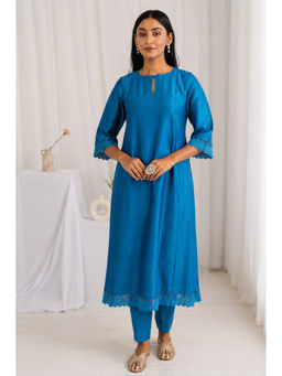 Mushio - Blue Chanderi Kurta with Floral Lace