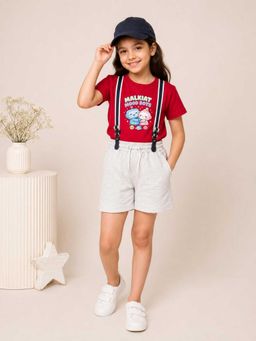 MALKIAT - Girls Red Printed Pure Cotton T-Shirt with Shorts & Cap Suspender
