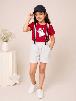 MALKIAT - Girls Red Printed Pure Cotton T-Shirt with Shorts & Cap Suspender