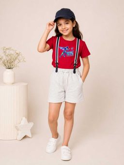 MALKIAT - Girls Red Printed Pure Cotton T-Shirt with Shorts & Cap Suspender