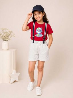 MALKIAT - Girls Red Printed Pure Cotton T-Shirt with Shorts & Cap Suspender