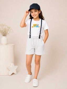 MALKIAT - Girls White Printed Pure Cotton T-Shirt with Shorts & Cap Suspender