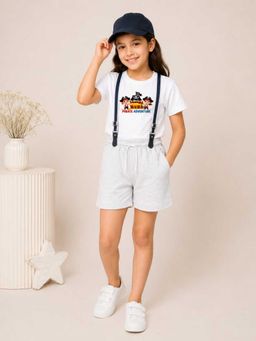 MALKIAT - Girls White Printed Pure Cotton T-Shirt with Shorts & Cap Suspender
