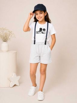 MALKIAT - Girls White Printed Pure Cotton T-Shirt with Shorts & Cap Suspender