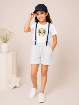 MALKIAT - Girls White Printed Pure Cotton T-Shirt with Shorts & Cap Suspender