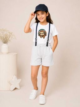 MALKIAT - Girls White Printed Pure Cotton T-Shirt with Shorts & Cap Suspender