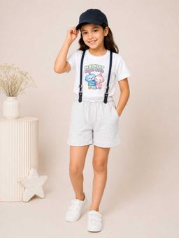 MALKIAT - Girls White Printed Pure Cotton T-Shirt with Shorts & Cap Suspender