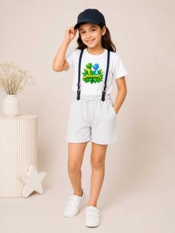 MALKIAT - Girls White Printed Pure Cotton T-Shirt with Shorts & Cap Suspender