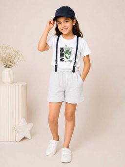 MALKIAT - Girls White Printed Pure Cotton T-Shirt with Shorts & Cap Suspender