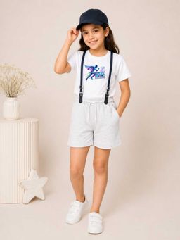 MALKIAT - Girls White Printed Pure Cotton T-Shirt with Shorts & Cap Suspender