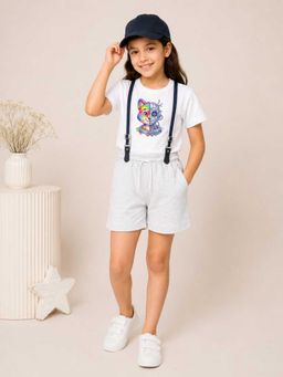 MALKIAT - Girls White Printed Pure Cotton T-Shirt with Shorts & Cap Suspender