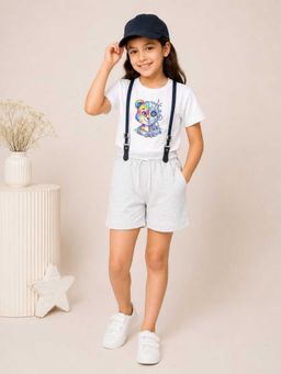 MALKIAT - Girls White Printed Pure Cotton T-Shirt with Shorts & Cap Suspender