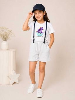 MALKIAT - Girls White Printed Pure Cotton T-Shirt with Shorts & Cap Suspender