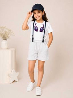 MALKIAT - Girls White Printed Pure Cotton T-Shirt with Shorts & Cap Suspender