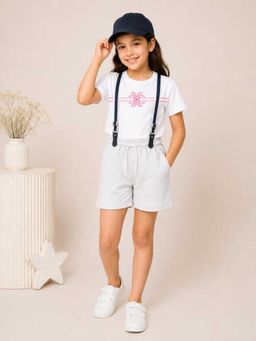 MALKIAT - Girls White Printed Pure Cotton T-Shirt with Shorts & Cap Suspender