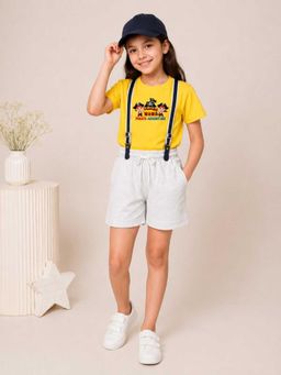 MALKIAT - Girls Yellow Printed Pure Cotton T-Shirt with Shorts & Cap Suspender