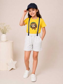 MALKIAT - Girls Yellow Printed Pure Cotton T-Shirt with Shorts & Cap Suspender