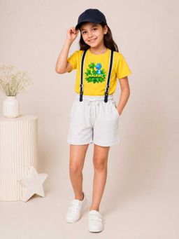 MALKIAT - Girls Yellow Printed Pure Cotton T-Shirt with Shorts & Cap Suspender