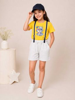 MALKIAT - Girls Yellow Printed Pure Cotton T-Shirt with Shorts & Cap Suspender