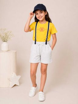 MALKIAT - Girls Yellow Printed Pure Cotton T-Shirt with Shorts & Cap Suspender
