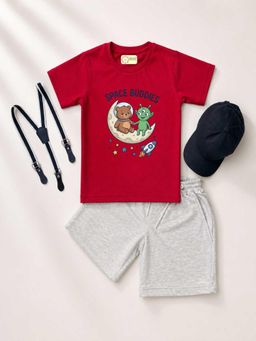 MALKIAT - Kids Red Printed Pure Cotton T-Shirt with Shorts & Cap Suspender
