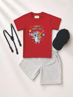 MALKIAT - Kids Red Printed Pure Cotton T-Shirt with Shorts & Cap Suspender