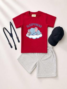 MALKIAT - Kids Red Printed Pure Cotton T-Shirt with Shorts & Cap Suspender