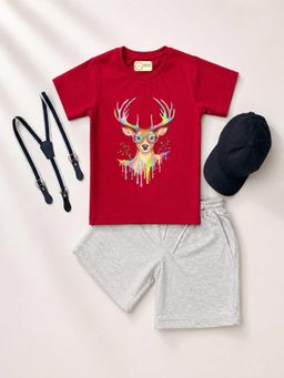 MALKIAT - Kids Red Printed Pure Cotton T-Shirt with Shorts & Cap Suspender