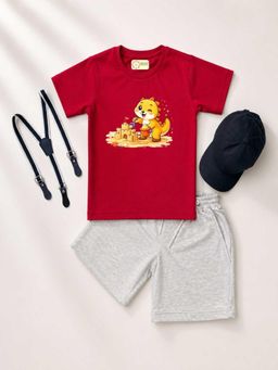 MALKIAT - Kids Red Printed Pure Cotton T-Shirt with Shorts & Cap Suspender