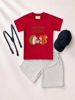 MALKIAT - Kids Red Printed Pure Cotton T-Shirt with Shorts & Cap Suspender