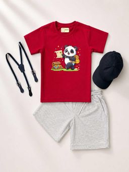 MALKIAT - Kids Red Printed Pure Cotton T-Shirt with Shorts & Cap Suspender