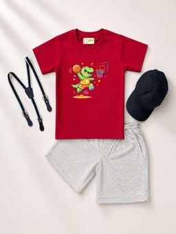 MALKIAT - Kids Red Printed Pure Cotton T-Shirt with Shorts & Cap Suspender