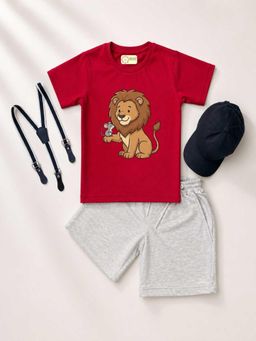 MALKIAT - Kids Red Printed Pure Cotton T-Shirt with Shorts & Cap Suspender