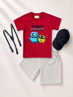 MALKIAT - Kids Red Printed Pure Cotton T-Shirt with Shorts & Cap Suspender
