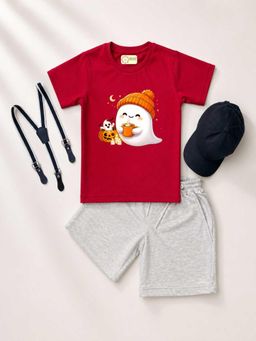 MALKIAT - Kids Red Printed Pure Cotton T-Shirt with Shorts & Cap Suspender