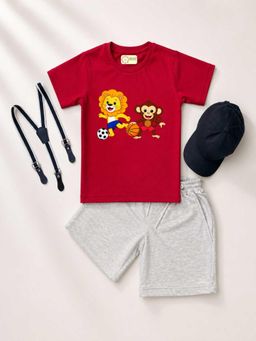 MALKIAT - Kids Red Printed Pure Cotton T-Shirt with Shorts & Cap Suspender