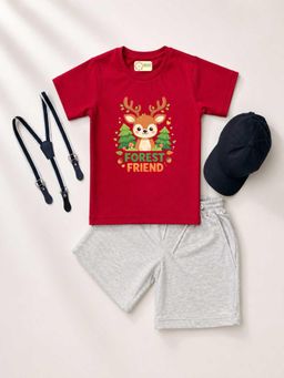 MALKIAT - Kids Red Printed Pure Cotton T-Shirt with Shorts & Cap Suspender