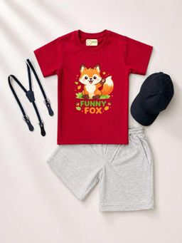 MALKIAT - Kids Red Printed Pure Cotton T-Shirt with Shorts & Cap Suspender